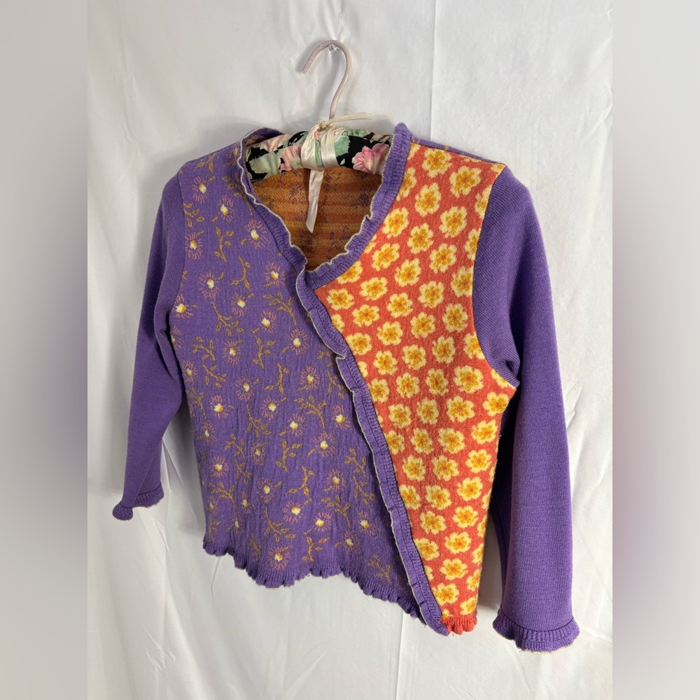 VTG Purple+Orange 3/4 Sleeve Feminine V Neck Cottagecore Boho Sweater Size S